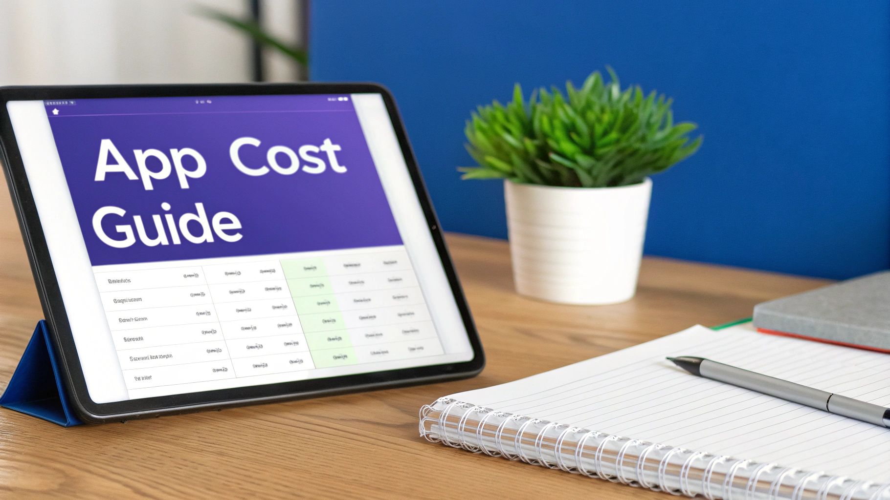A tablet displaying an 'App Cost Guide' spreadsheet sits on a wooden desk with a notebook and plant.