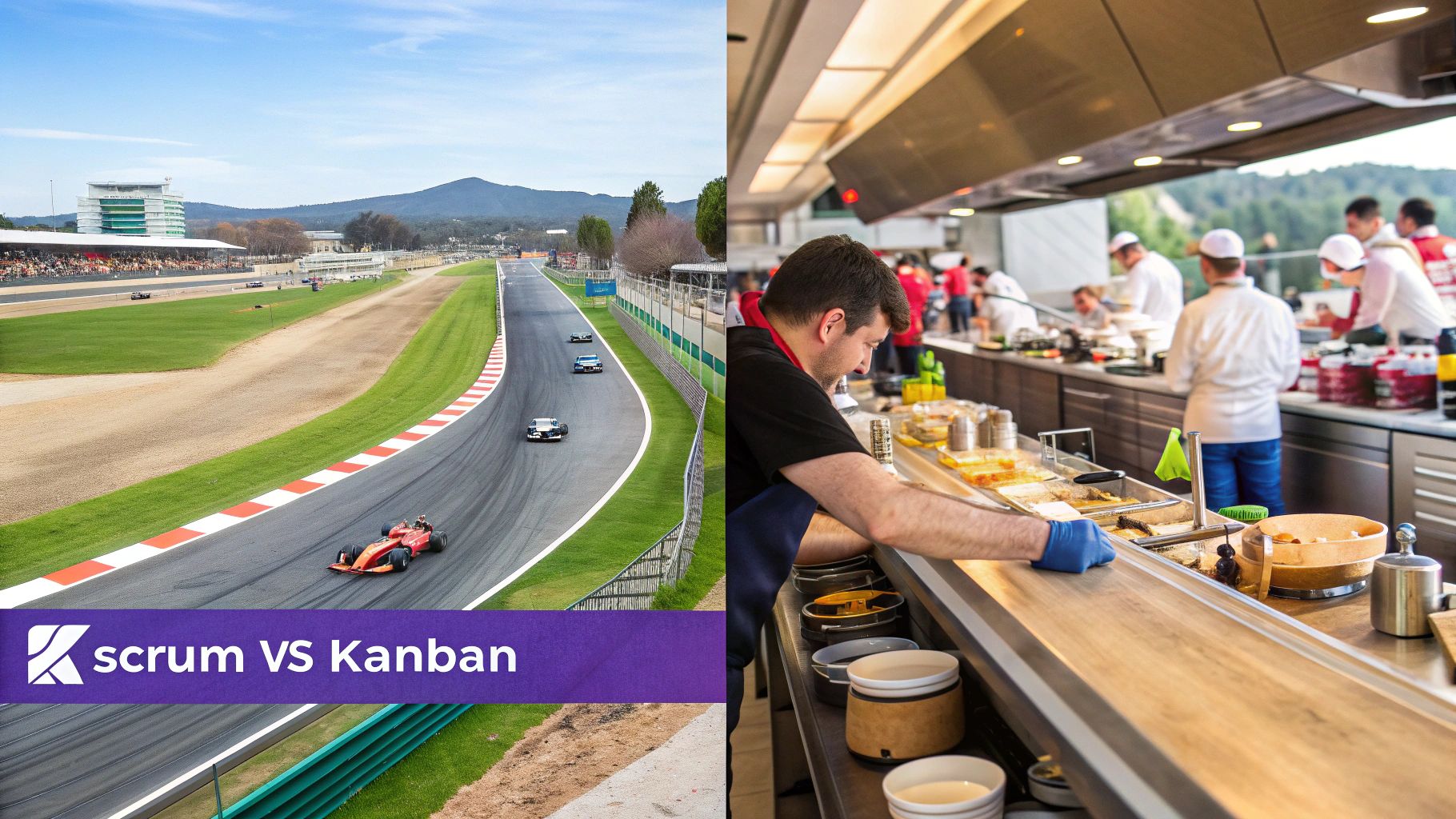A side-by-side comparison of a Scrum board and a Kanban board, illustrating the different workflows.