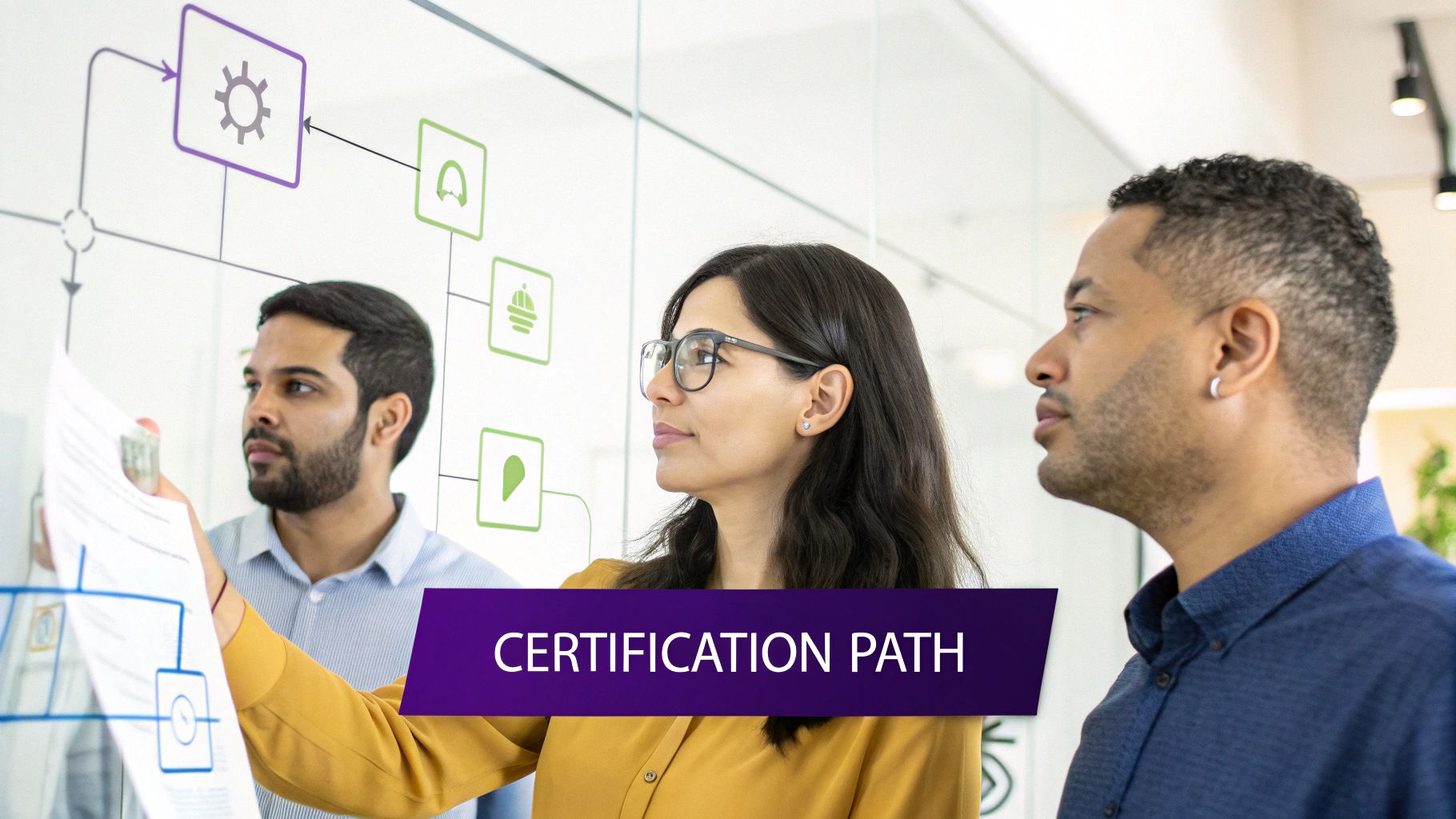 People collaborating around a whiteboard, planning a project roadmap.