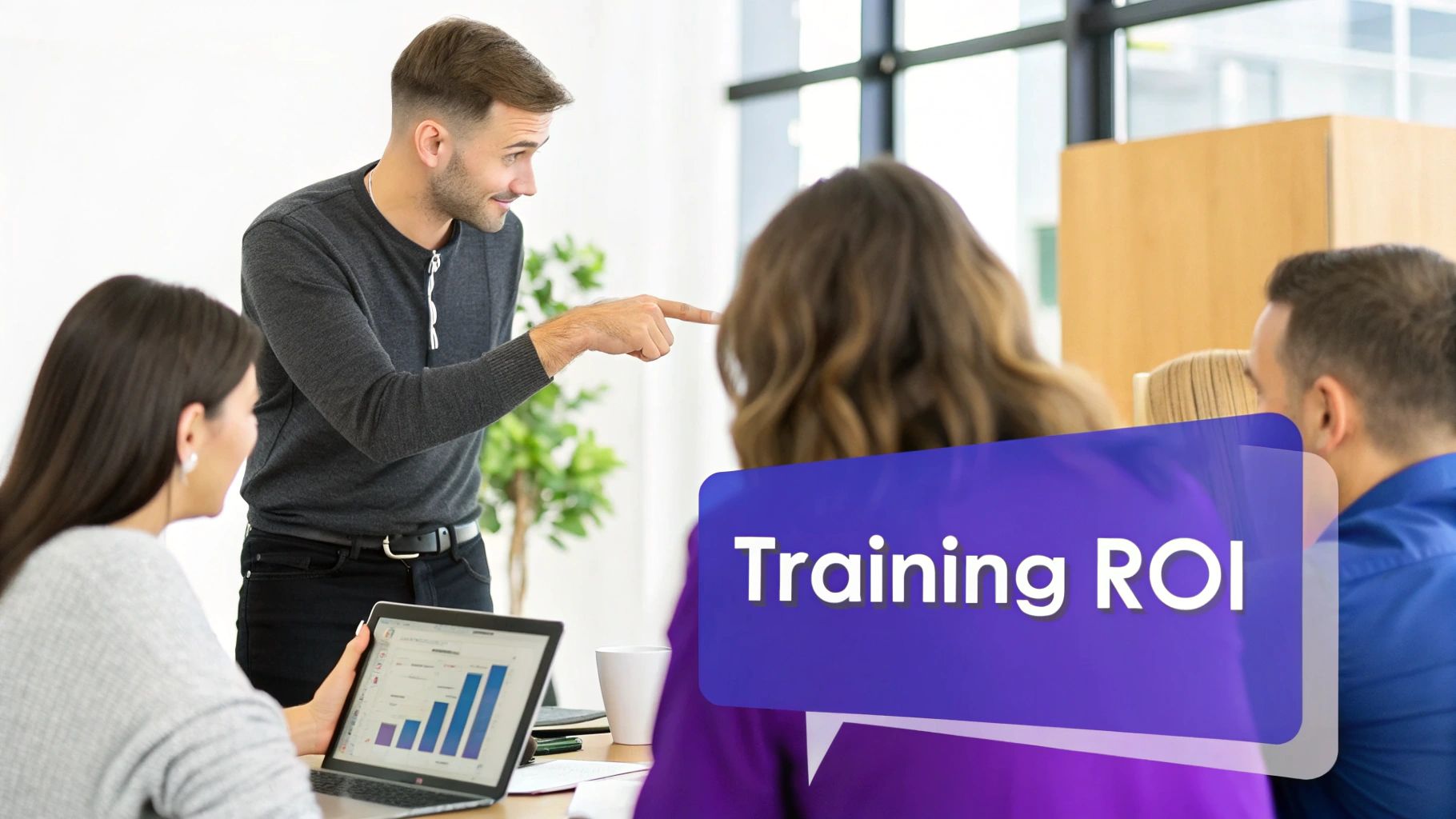 Business professionals discuss 'Training ROI' in a meeting, with a laptop showing performance charts.