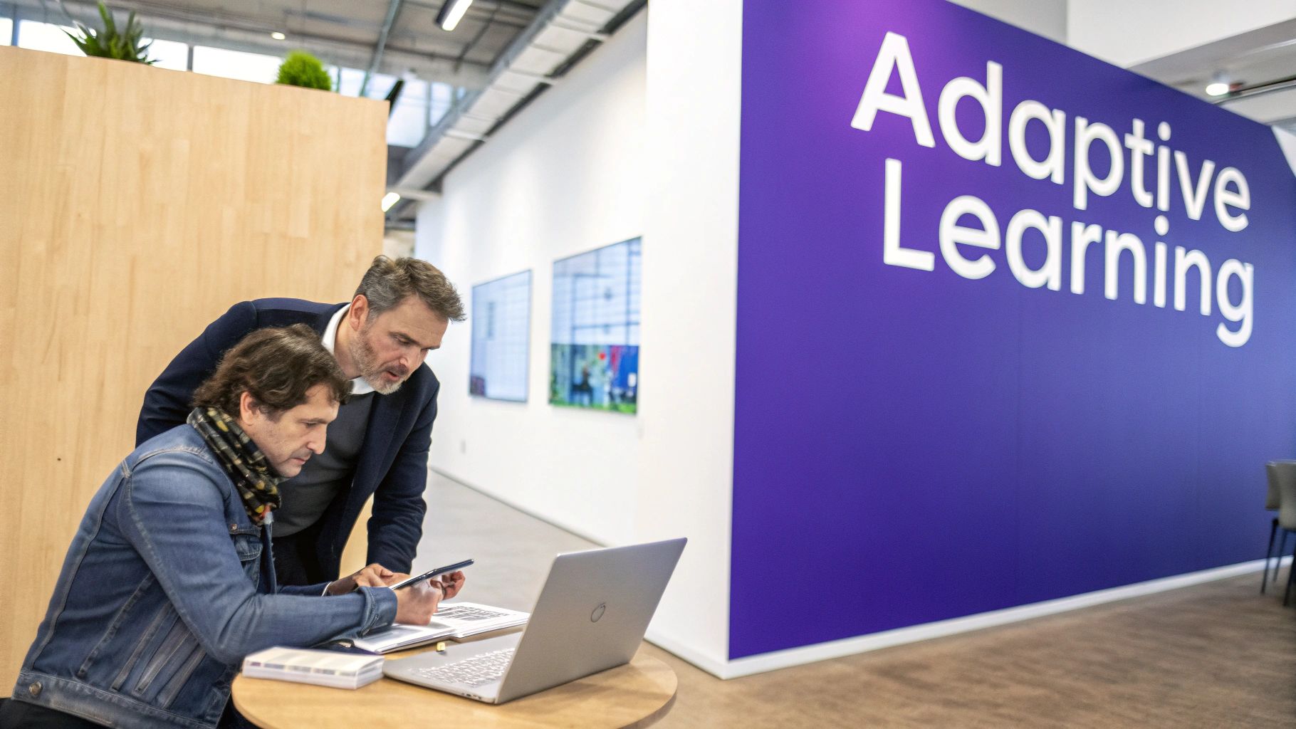 Two men collaborating with a tablet and laptop in a modern "Adaptive Learning" office.