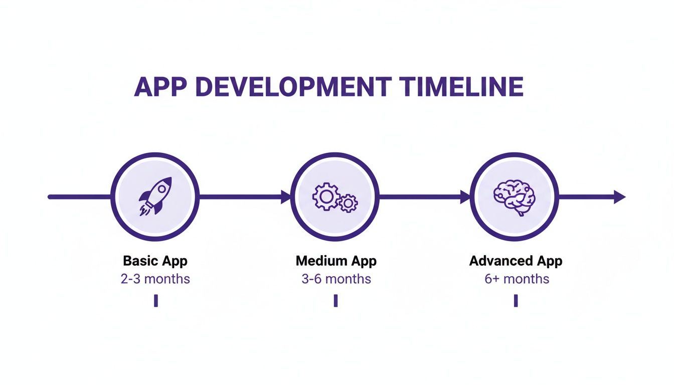 Timeline showing app development stages: Basic (2-3 months), Medium (3-6 months), Advanced (6+ months).