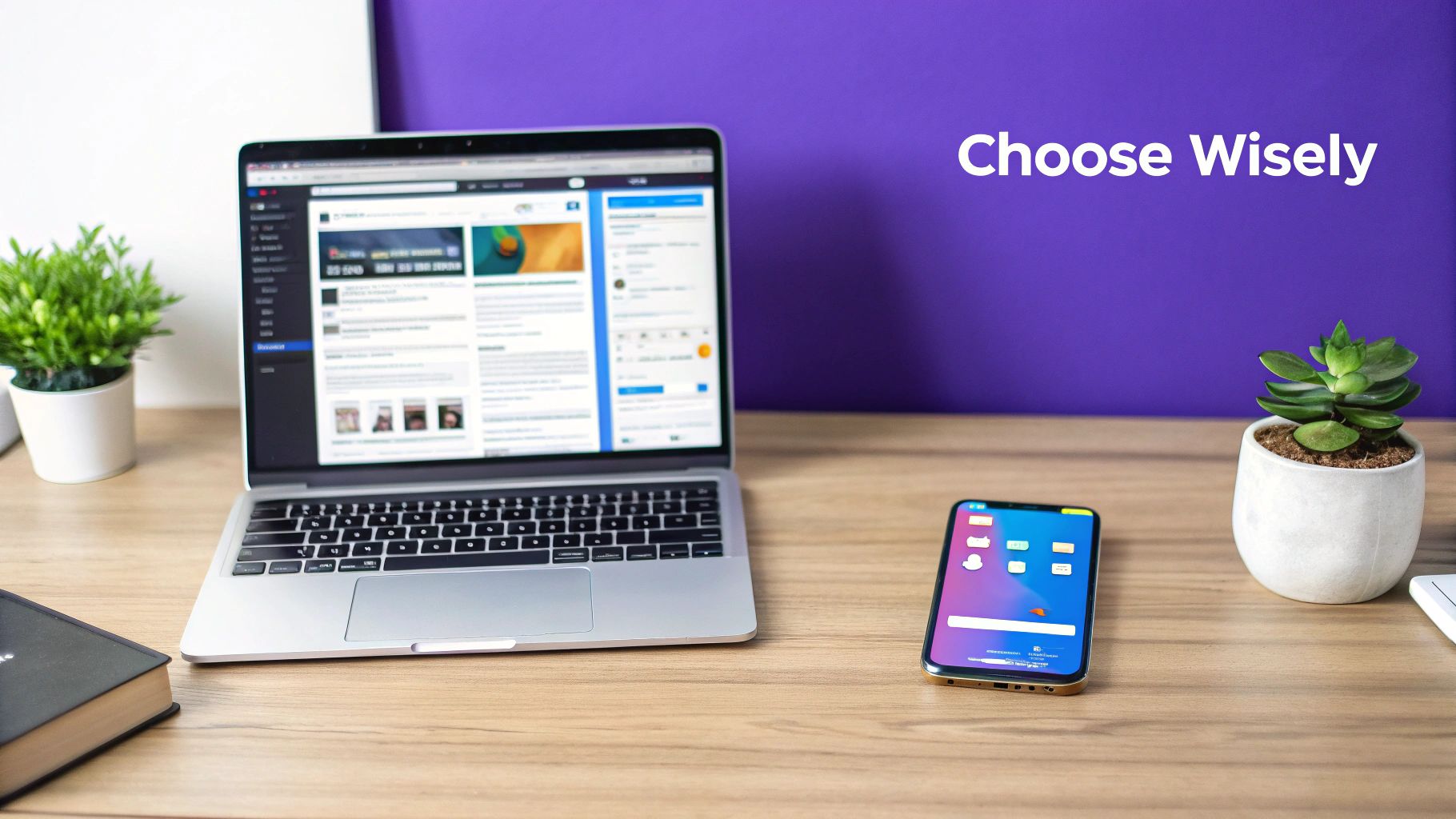 A wooden desk setup with a laptop, smartphone displaying apps, plants, and the text 'Choose Wisely'.