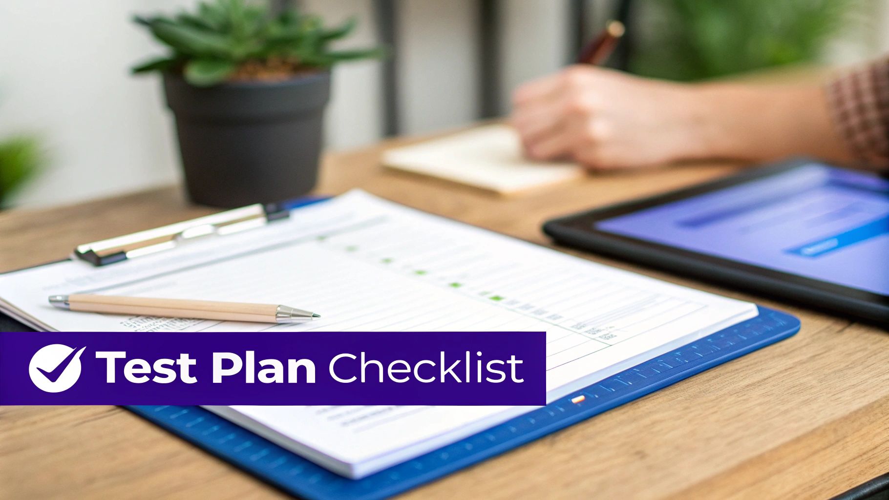 A person is writing notes while reviewing a test plan checklist on a wooden desk with a tablet.