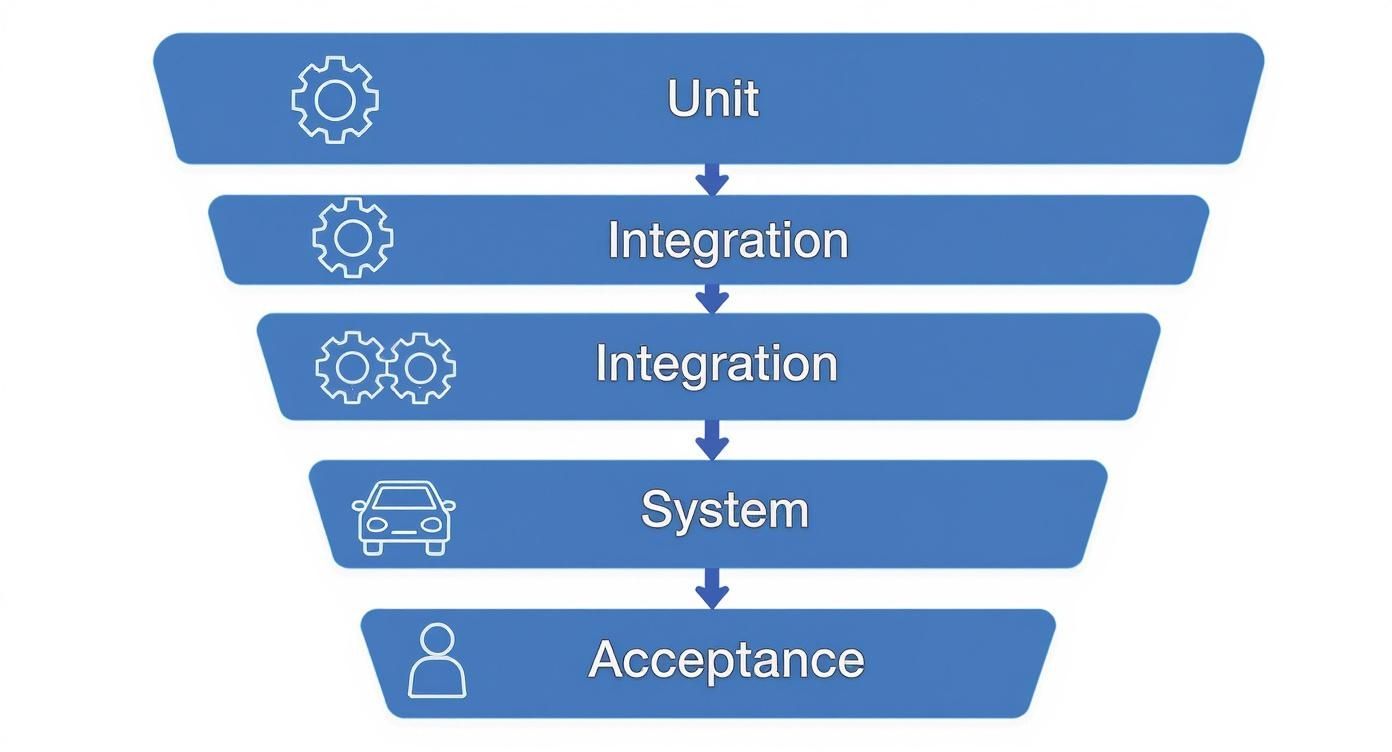 A blue funnel diagram illustrating five stages of software testing: Unit, Integration, System, and Acceptance, with corresponding icons.