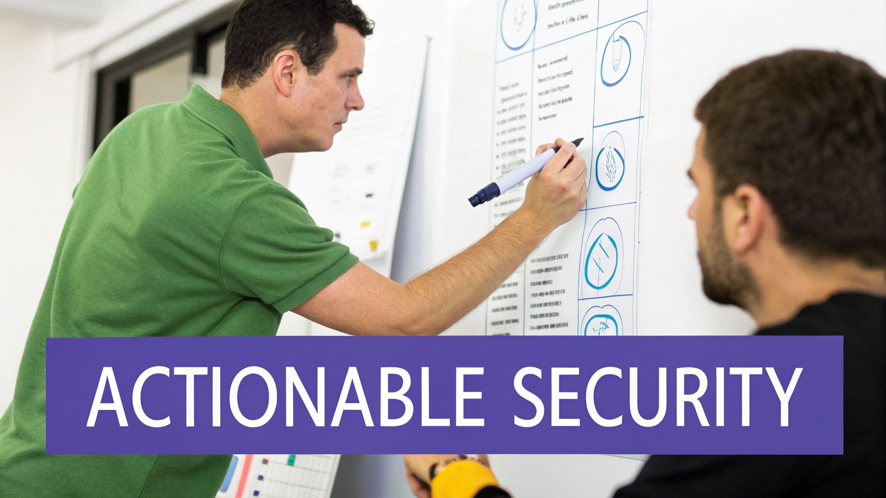 A team works together, pointing at a laptop screen with charts, actively implementing a plan.