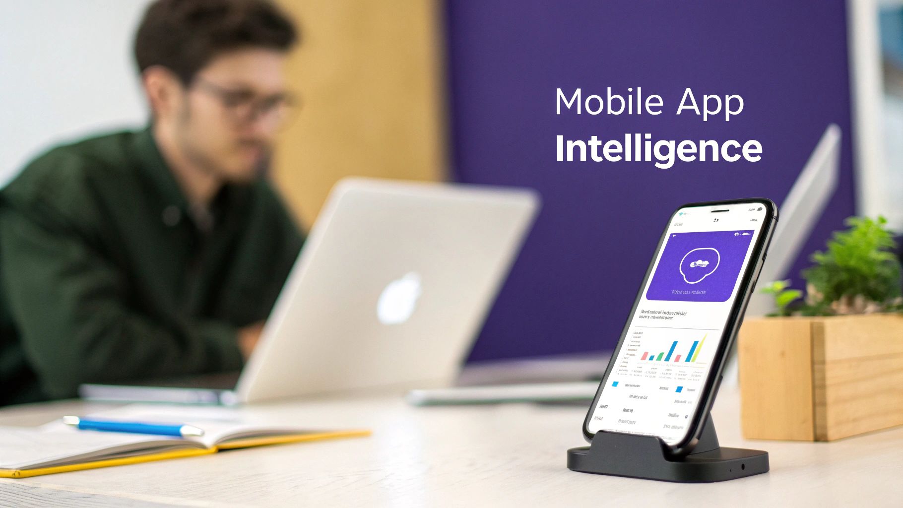 A smartphone displays mobile app intelligence data on a desk, with a person working on a laptop.