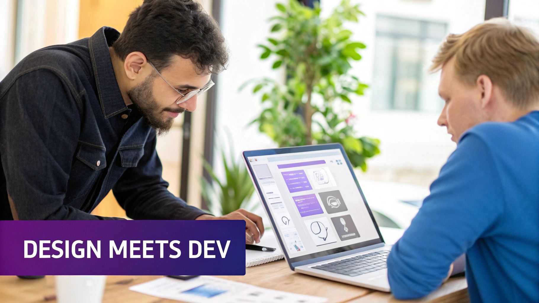 Two colleagues collaborating on a laptop displaying UI/UX design elements in an office setting.
