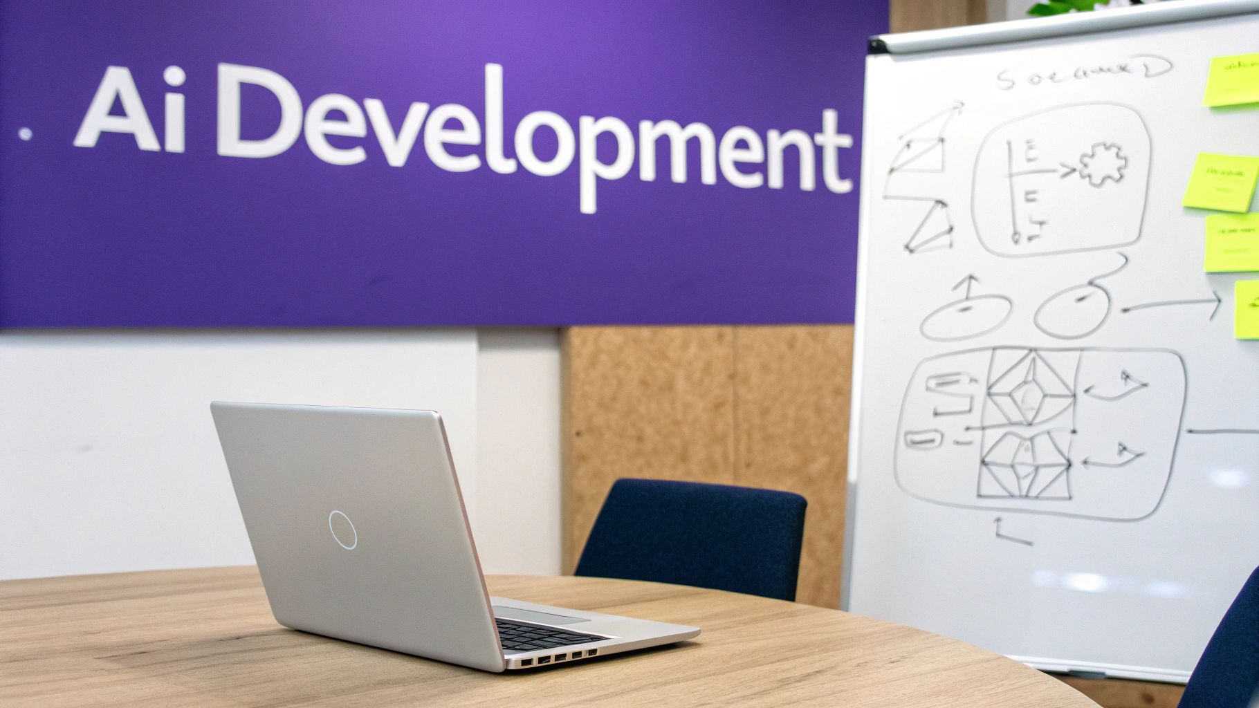 A laptop on a wooden table in an office with a purple 'AI Development' sign and a whiteboard with diagrams.