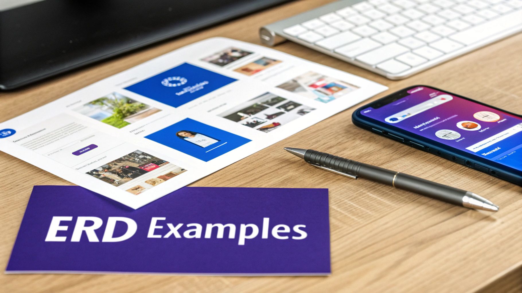 Desk setup with a document, smartphone, pen, keyboard, and a purple card saying 'ERD Examples'.