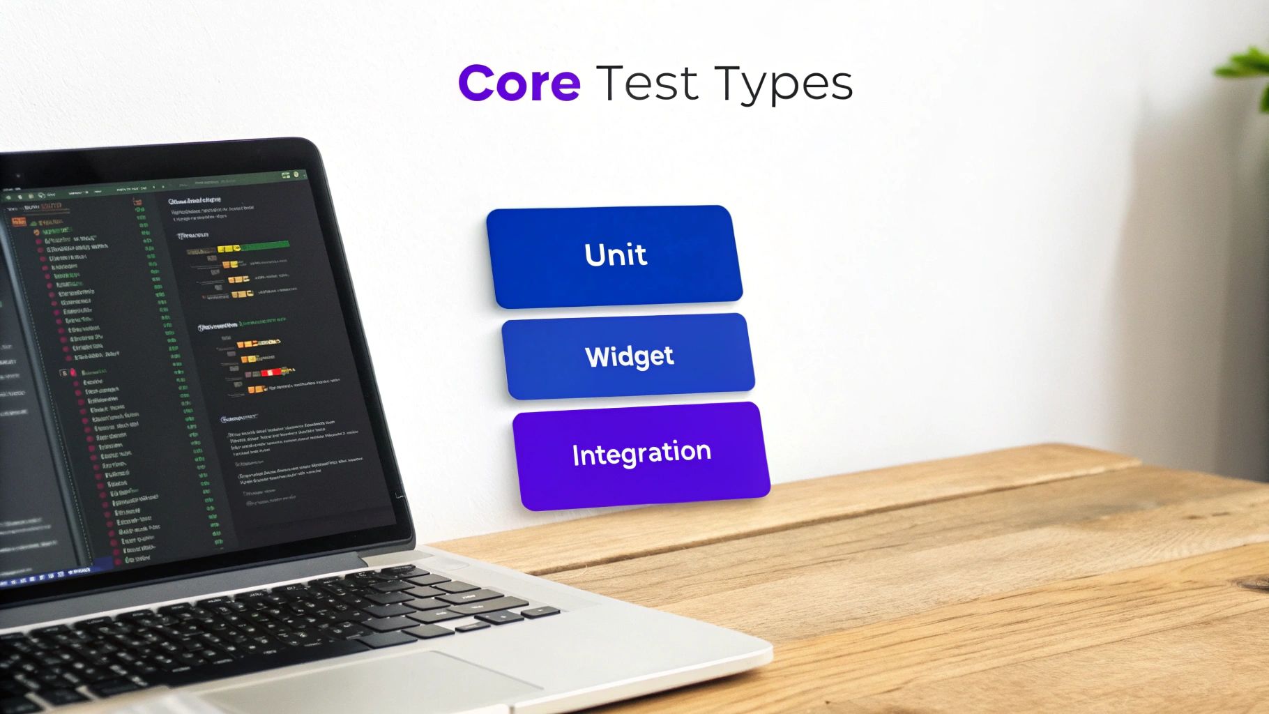 A laptop on a wooden desk with a wall displaying 'Core Test Types': Unit, Widget, and Integration.