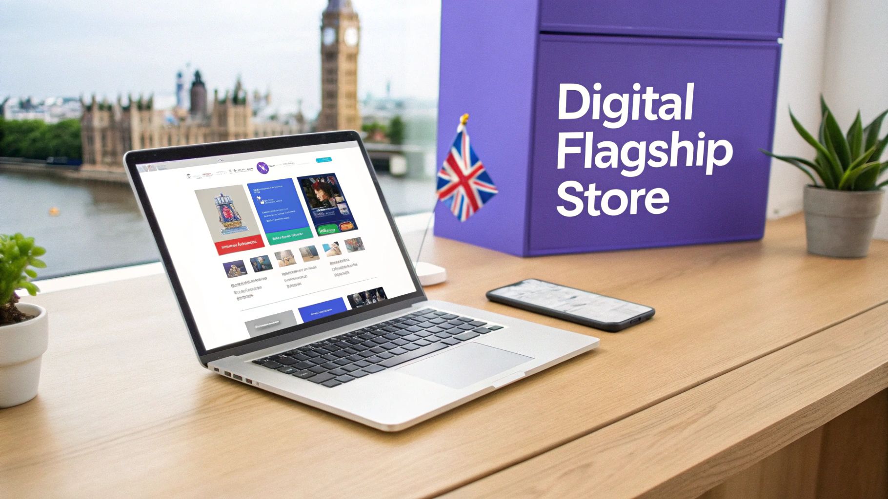 Laptop displaying an e-commerce app on a wooden desk, with London's Big Ben in the background.