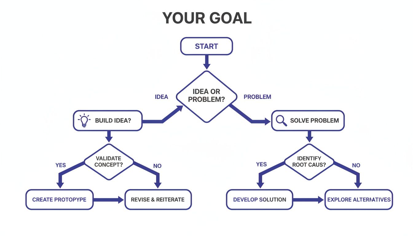 Flowchart outlining a problem-solving and idea development process for achieving a goal.