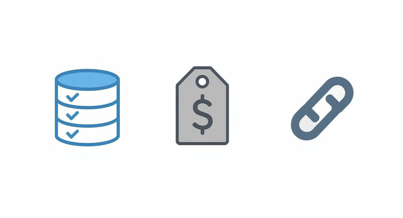 Icons depicting a database with checkmarks, a price tag, and a chain link.