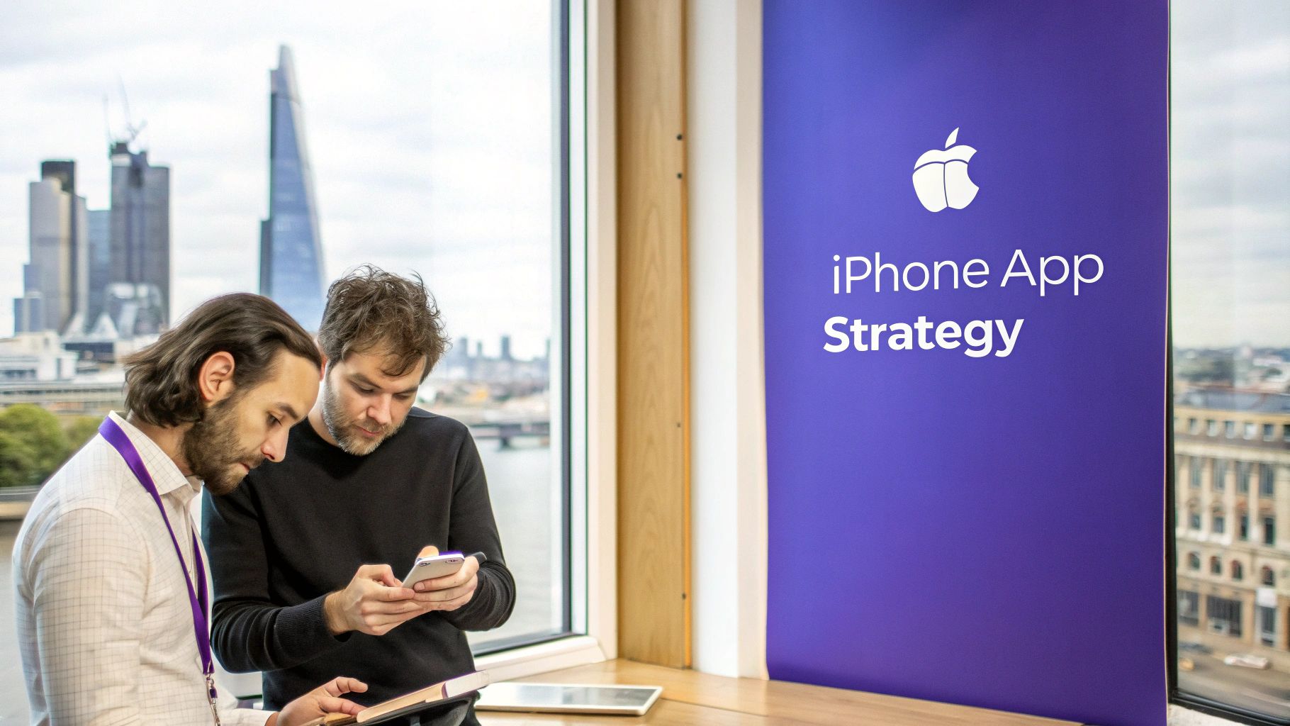 Two men collaborating on an iPhone app strategy, viewing devices with a city skyline background.