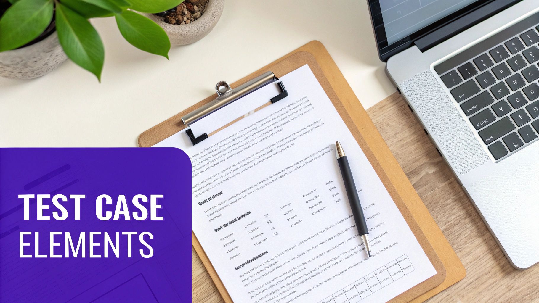 Test case elements document on wooden clipboard next to laptop and pen on desk