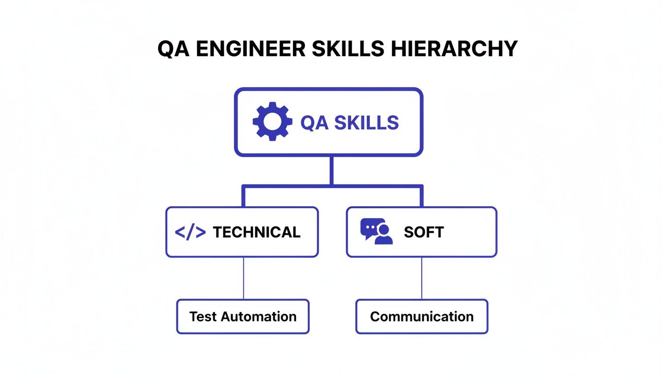 A hierarchy chart illustrating QA Engineer skills, including technical (test automation) and soft skills (communication).