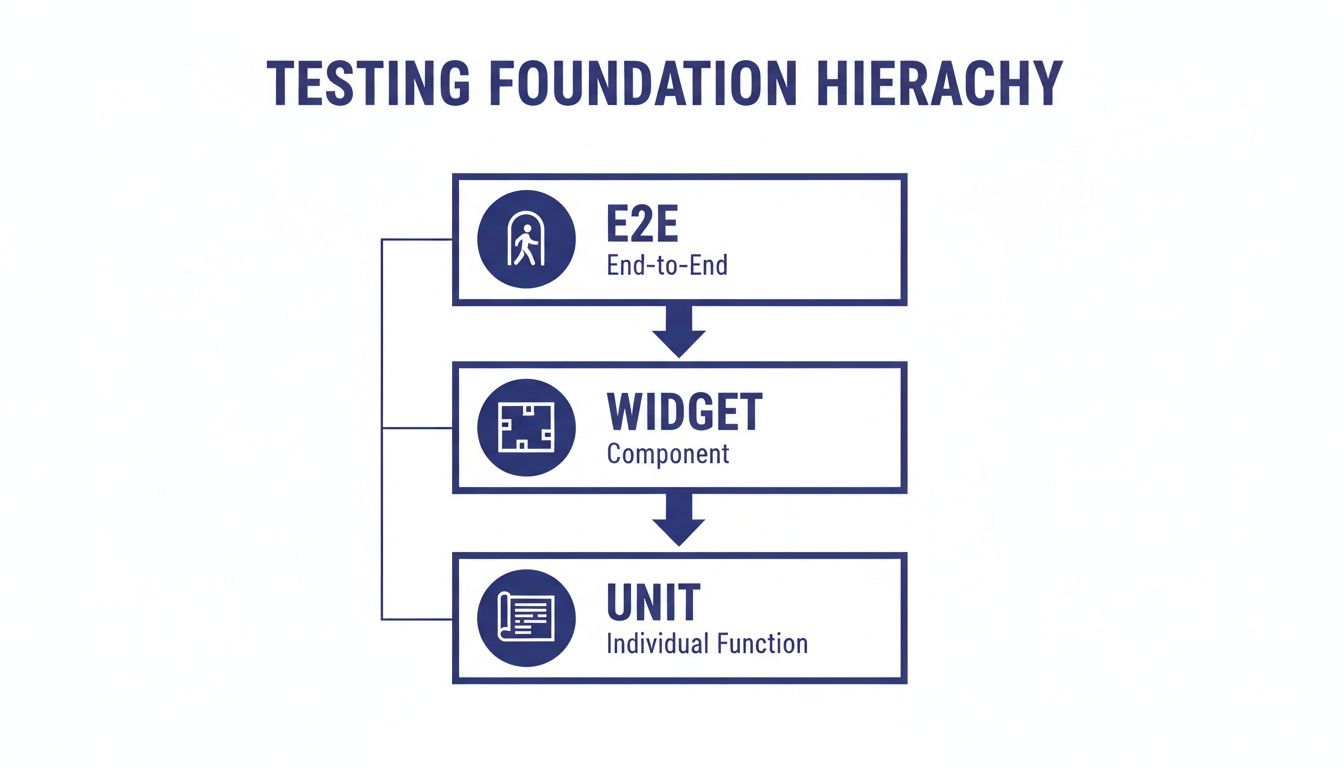 A diagram of the testing foundation hierarchy, showing End-to-End, Widget, and Unit tests.