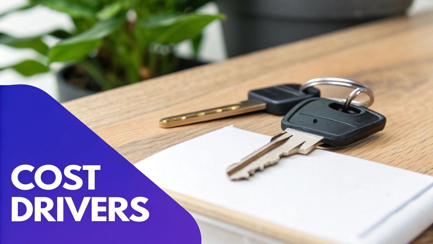 Car keys and a long gold key chain resting on a white paper on a wooden table.