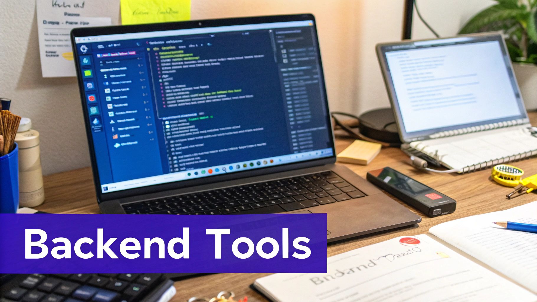 A collection of popular backend technology logos like Python, Node.js, and Java arranged in a modern design.