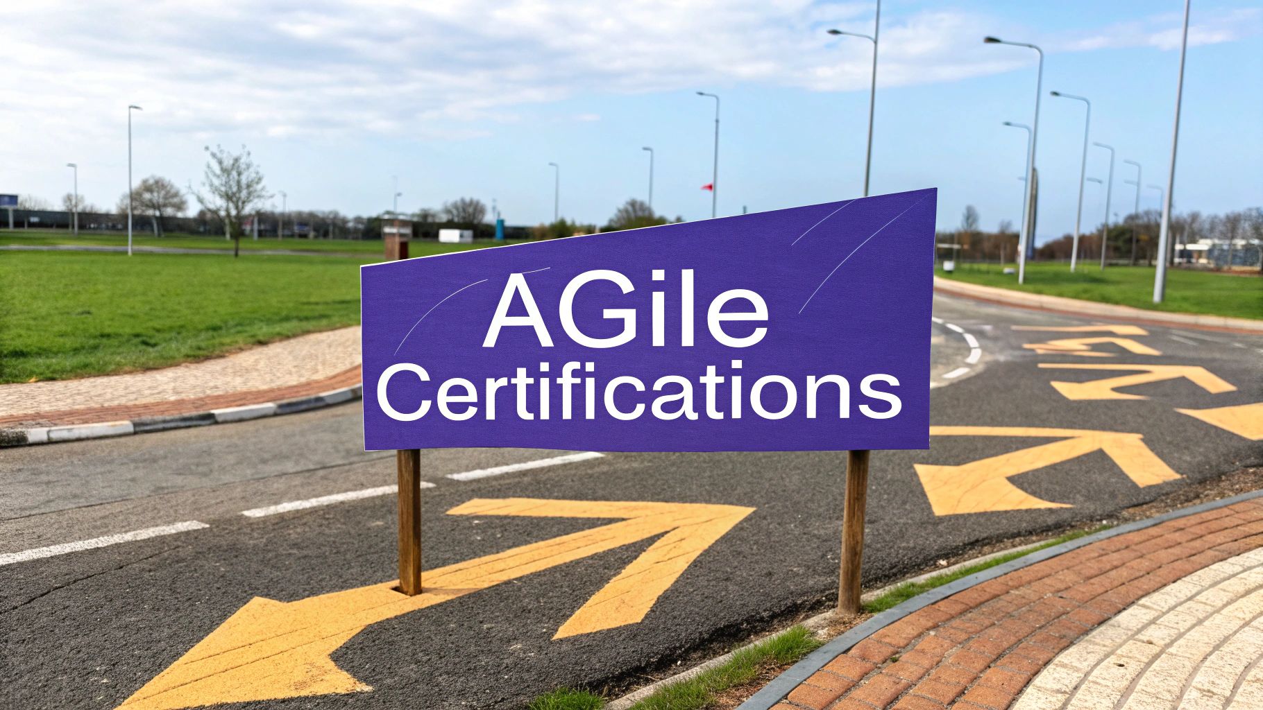 A person at a crossroads with signs pointing to different Agile certifications.
