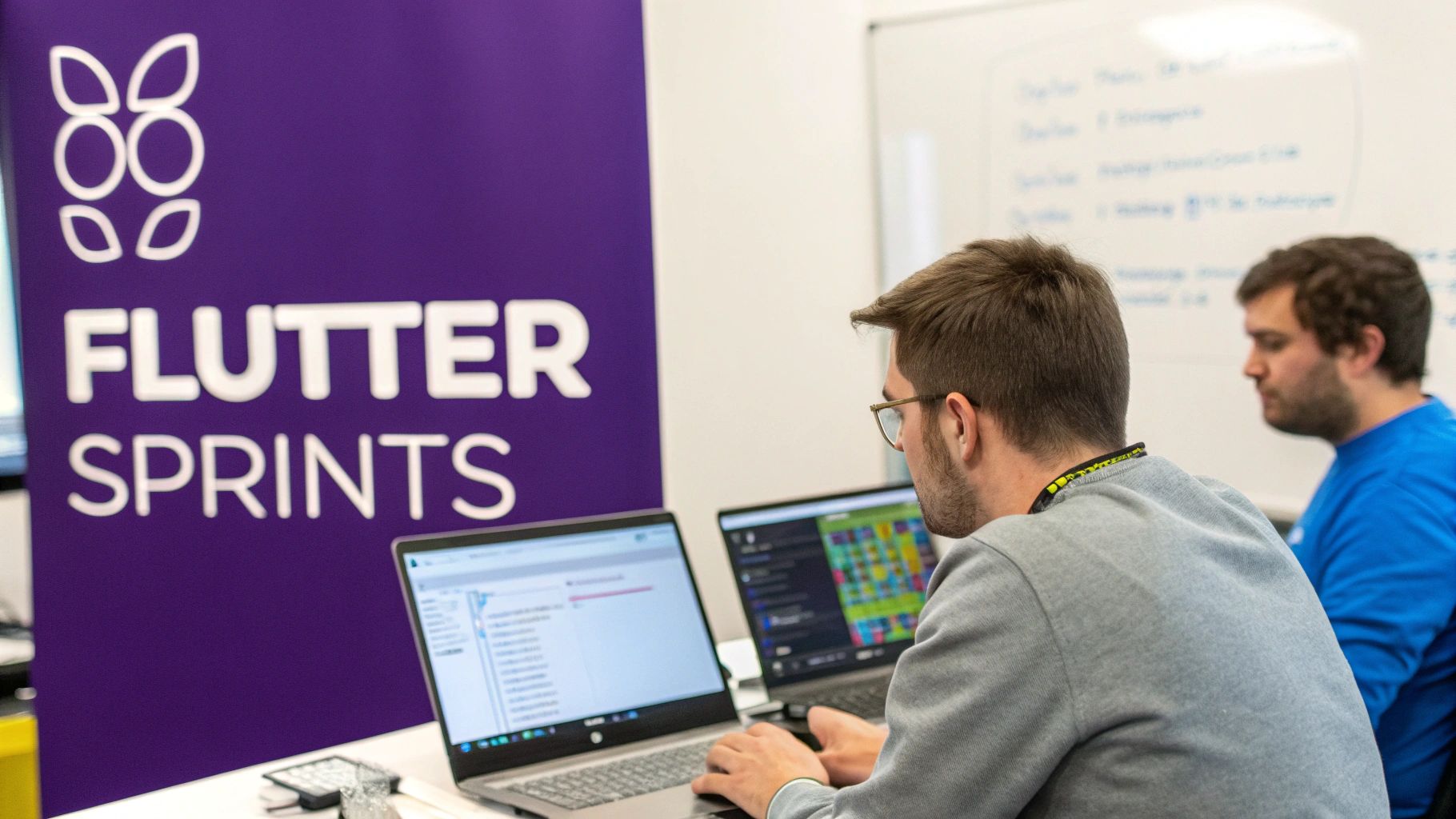 Two developers coding on laptops at a Flutter Sprints tech workshop event.