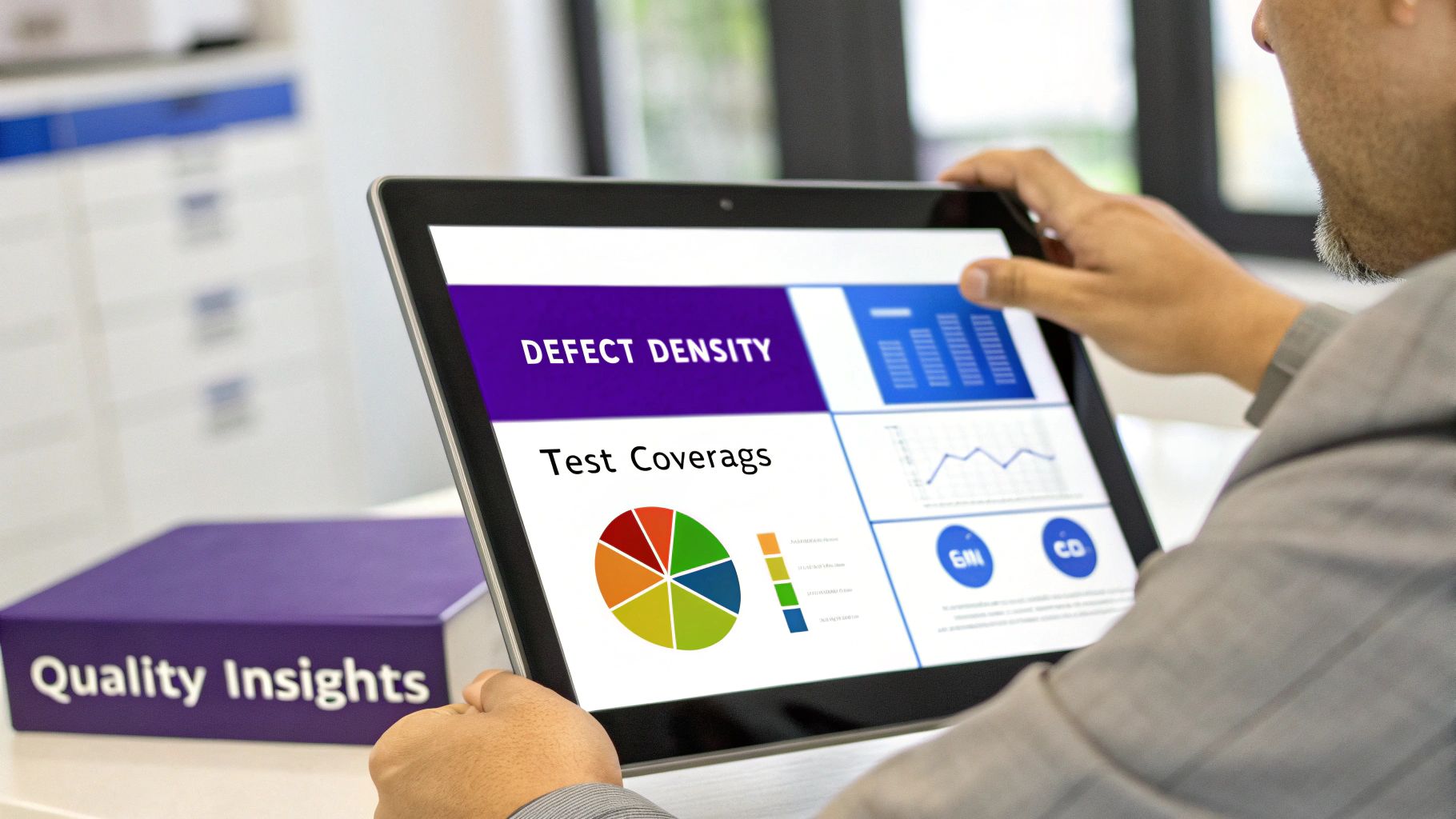 A person reviews software quality assurance data on a tablet, showing defect density and test coverages.