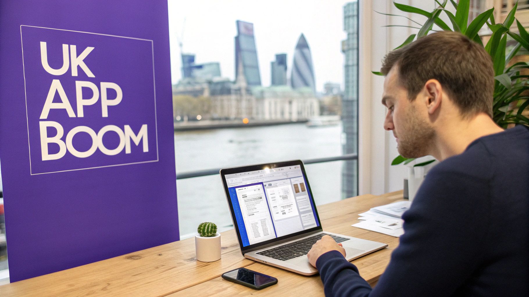 An image showing a person interacting with an app on a smartphone, with UK-themed icons in the background.