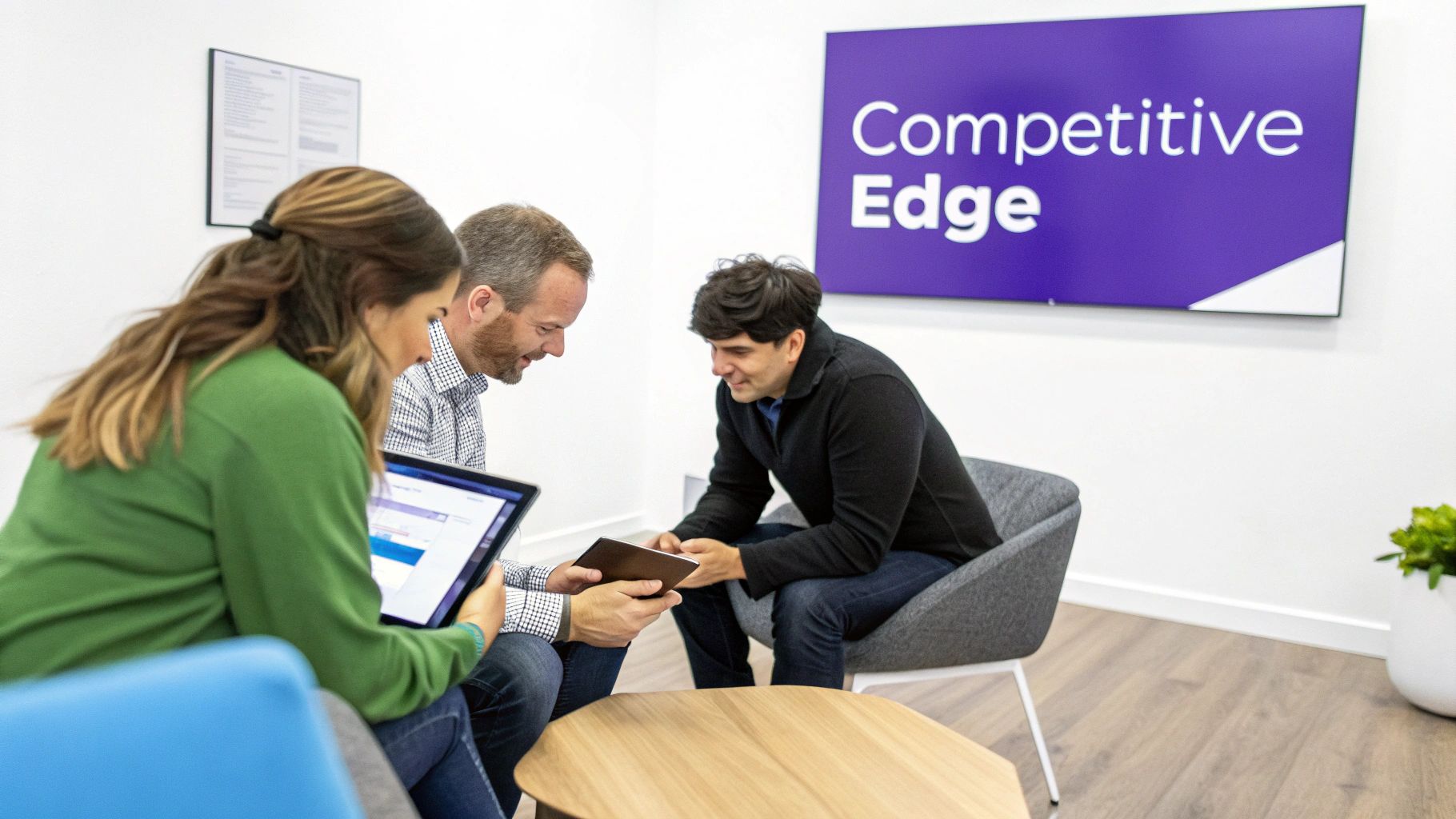 Three professionals collaborate in a modern office, looking at tablets with 'Competitive Edge' on a screen.