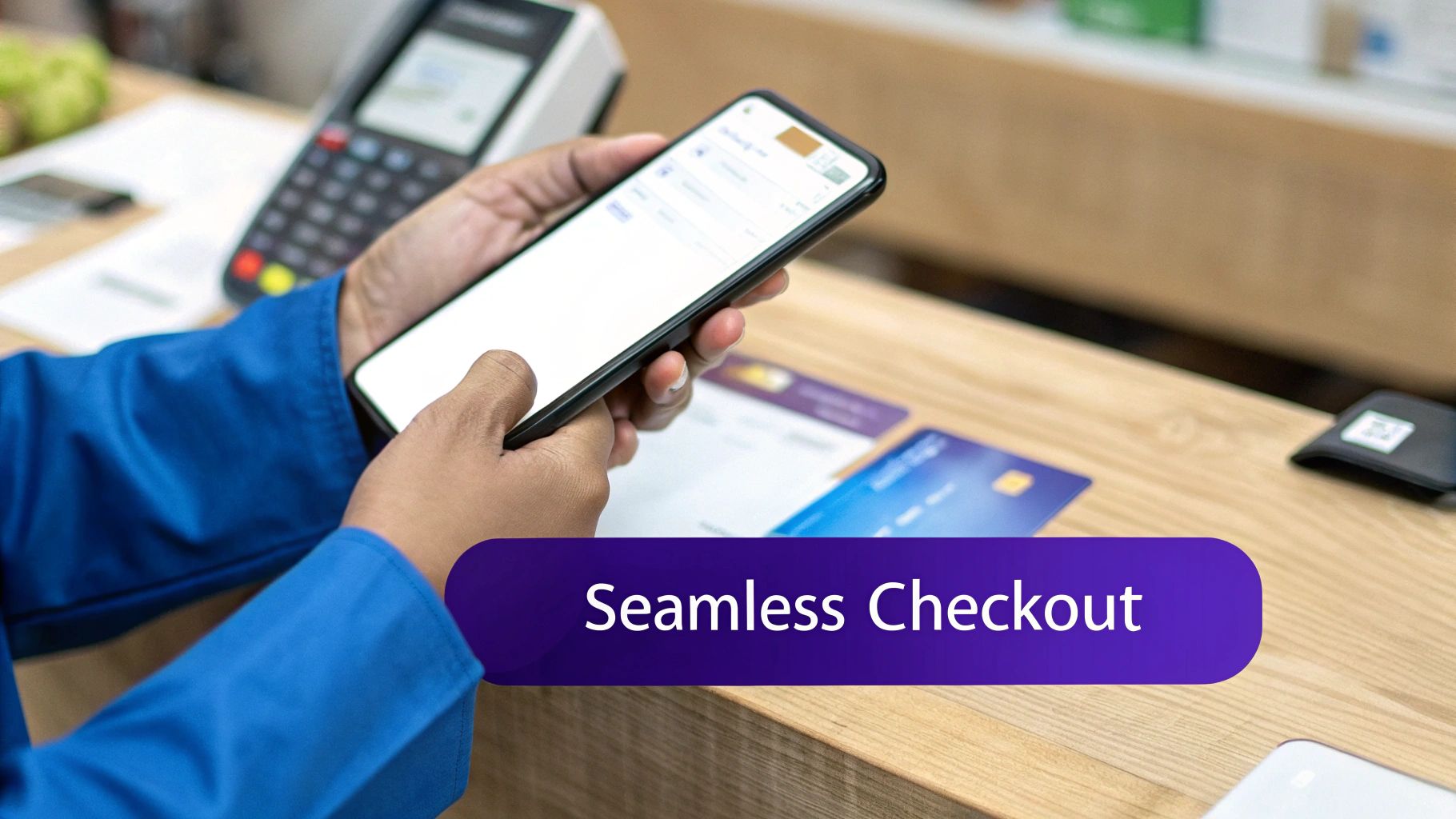 Hands holding a smartphone during a seamless checkout process, with a payment terminal and cards in the background.