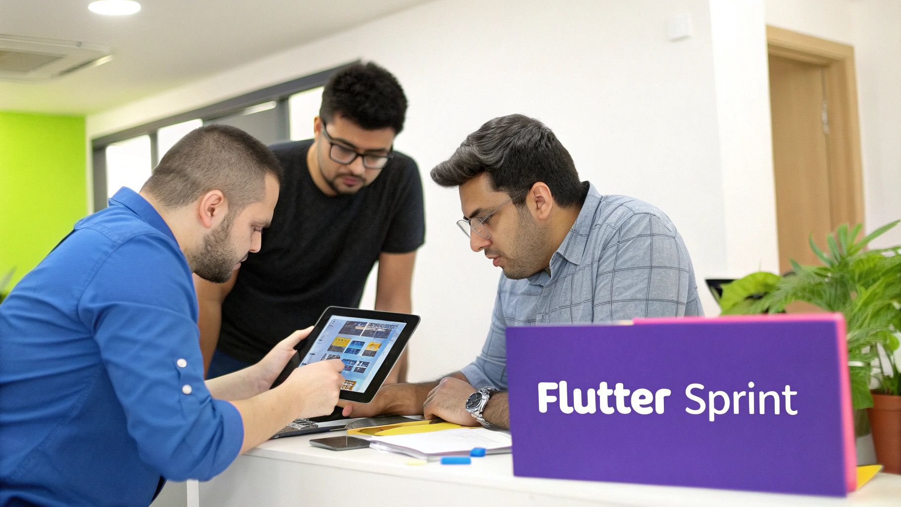 A Certified Scrum Master facilitating a discussion with Flutter developers around a digital kanban board on a large screen.