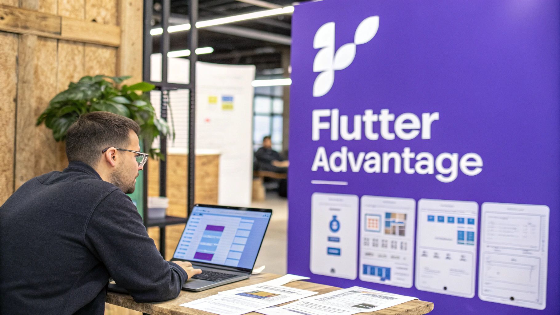 A man works on a laptop at a table, with a "Flutter Advantage" banner in the background, promoting mobile app development.