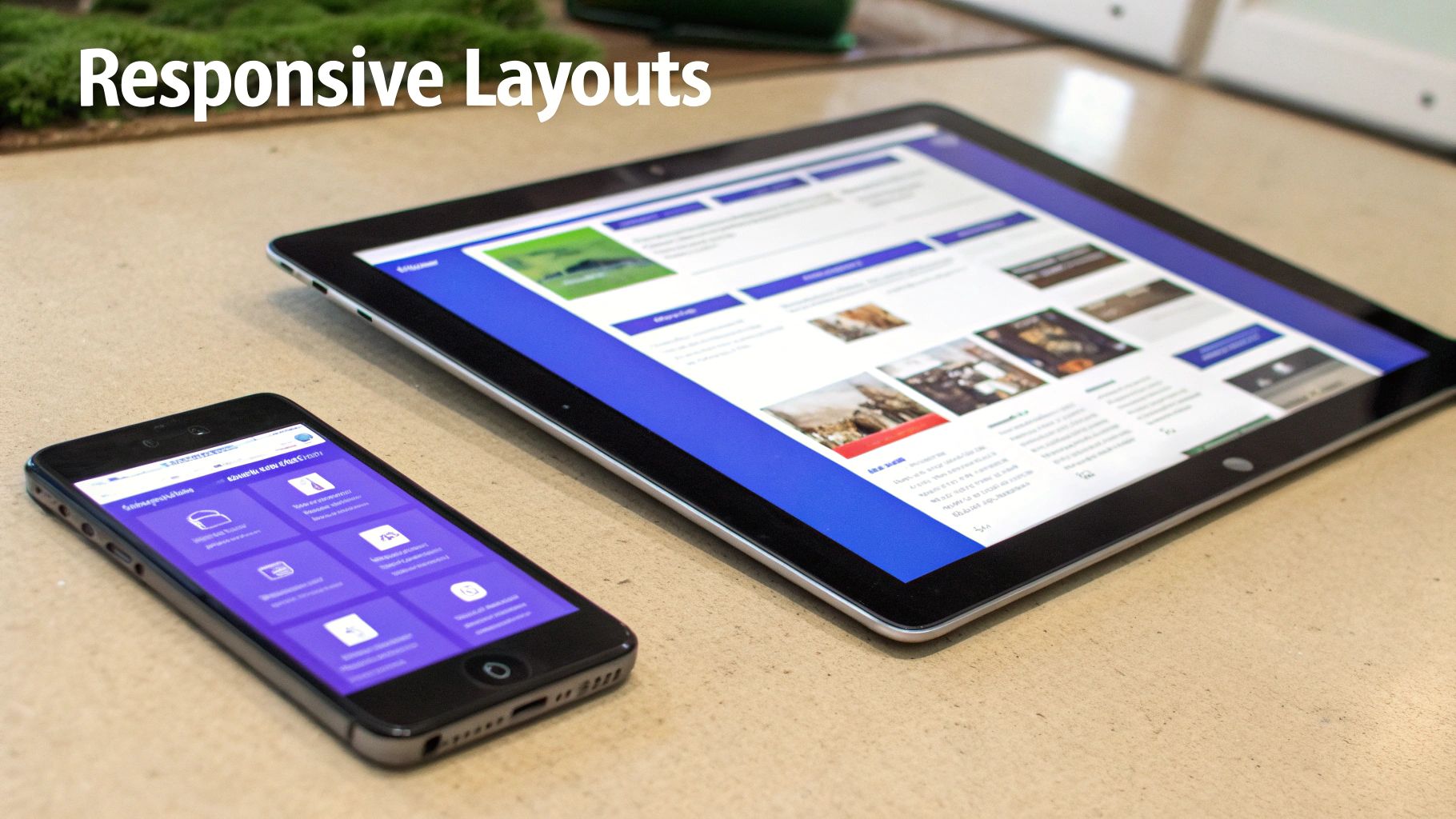 Two devices, a smartphone and a tablet, show responsive website layouts adapted for different screen sizes.