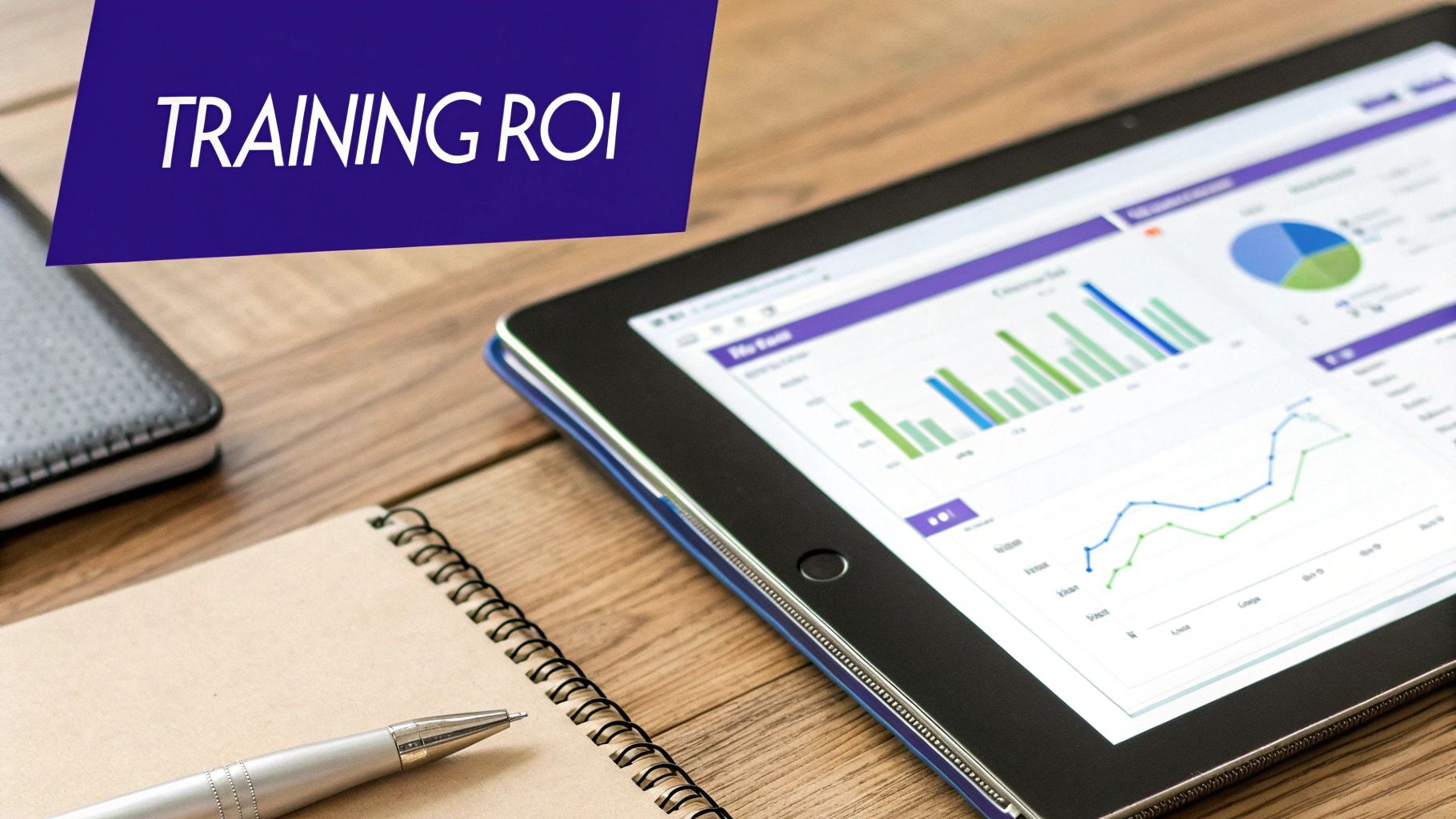 Close-up of a tablet showing training ROI graphs on a wooden desk with a notebook and pen.