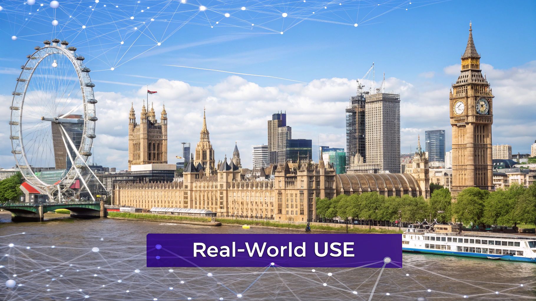 A modern office setting in the UK with data visualisations overlaid, representing business intelligence