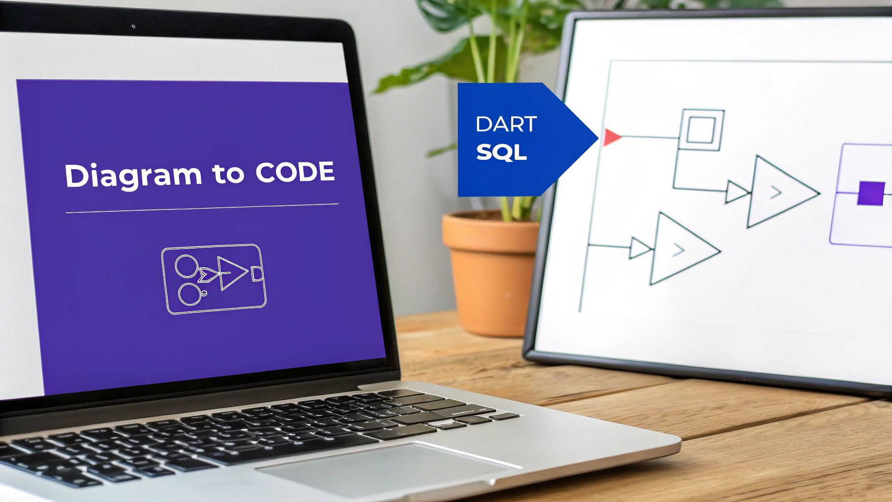 Laptop screen showing 'Diagram to CODE' and a framed diagram with 'DART SQL' text.