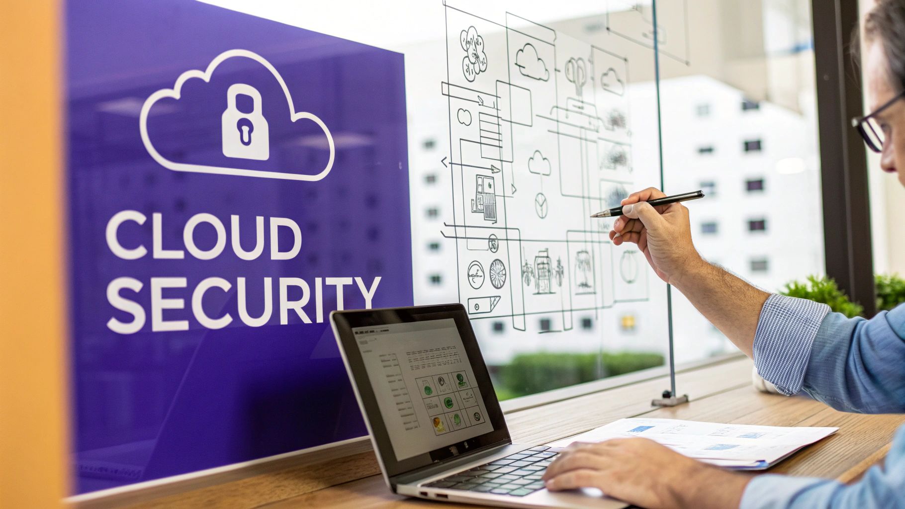 A person works on cloud security, drawing diagrams on a glass wall next to a 'Cloud Security' sign.