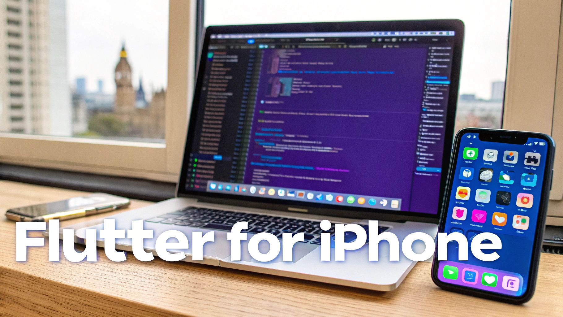 A developer programming an iPhone app using Flutter on a Mac computer