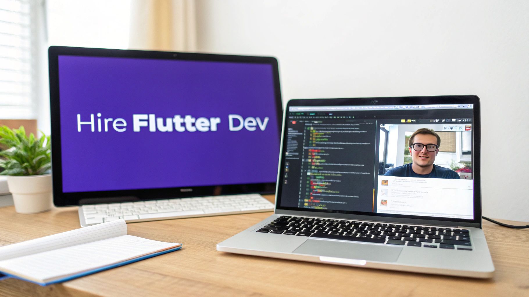 A remote work setup with two monitors, one showing 'Hire Flutter Dev' and the other a video call.