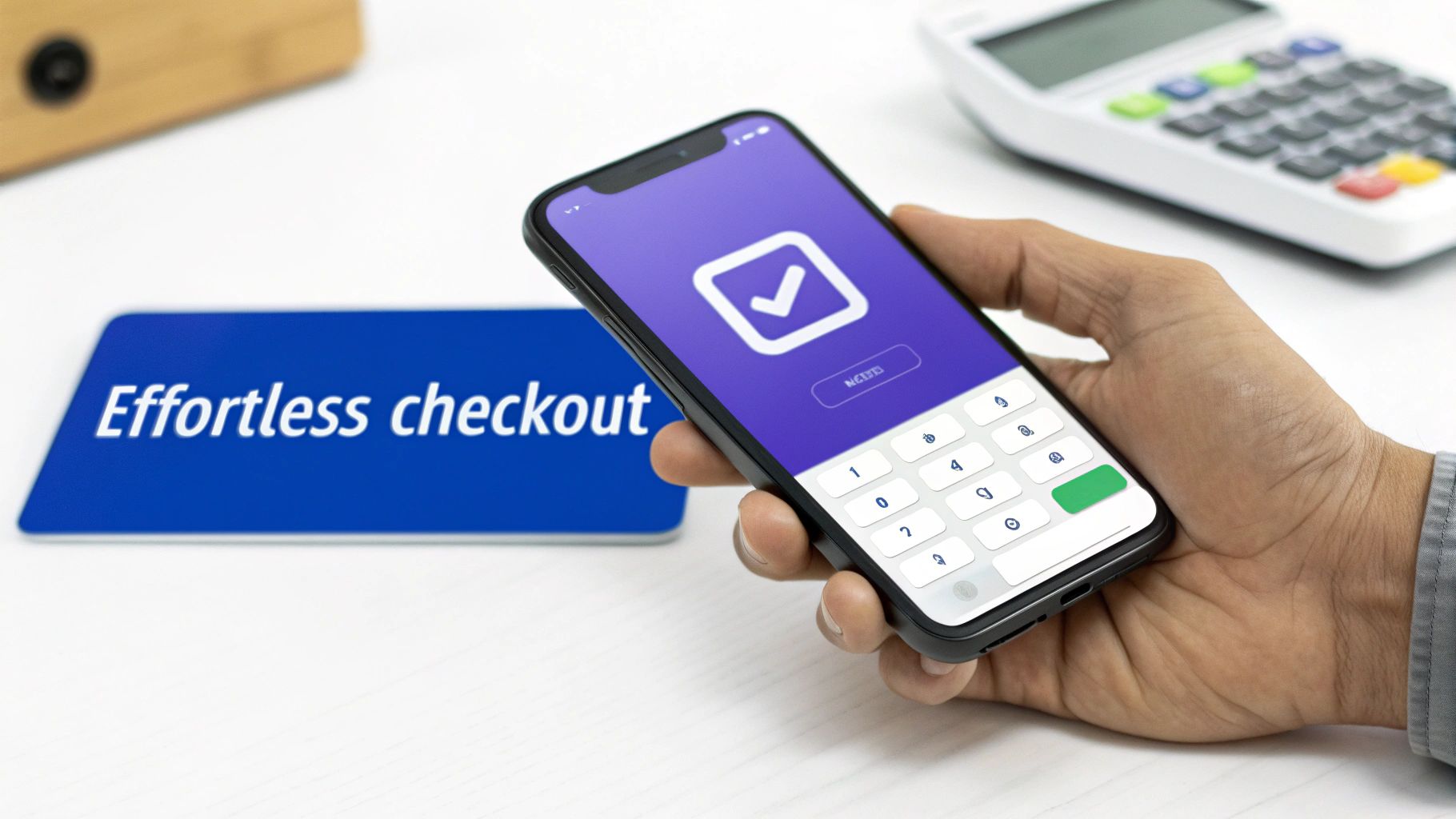 A hand holds a smartphone displaying a mobile payment app with a checkmark, beside an 'Effortless checkout' card.