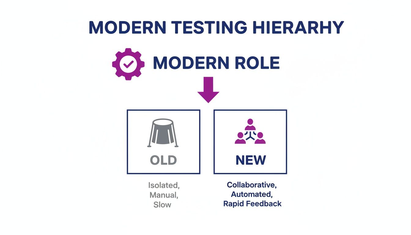 A diagram illustrating the modern testing hierarchy, contrasting old isolated manual roles with new collaborative automated ones.