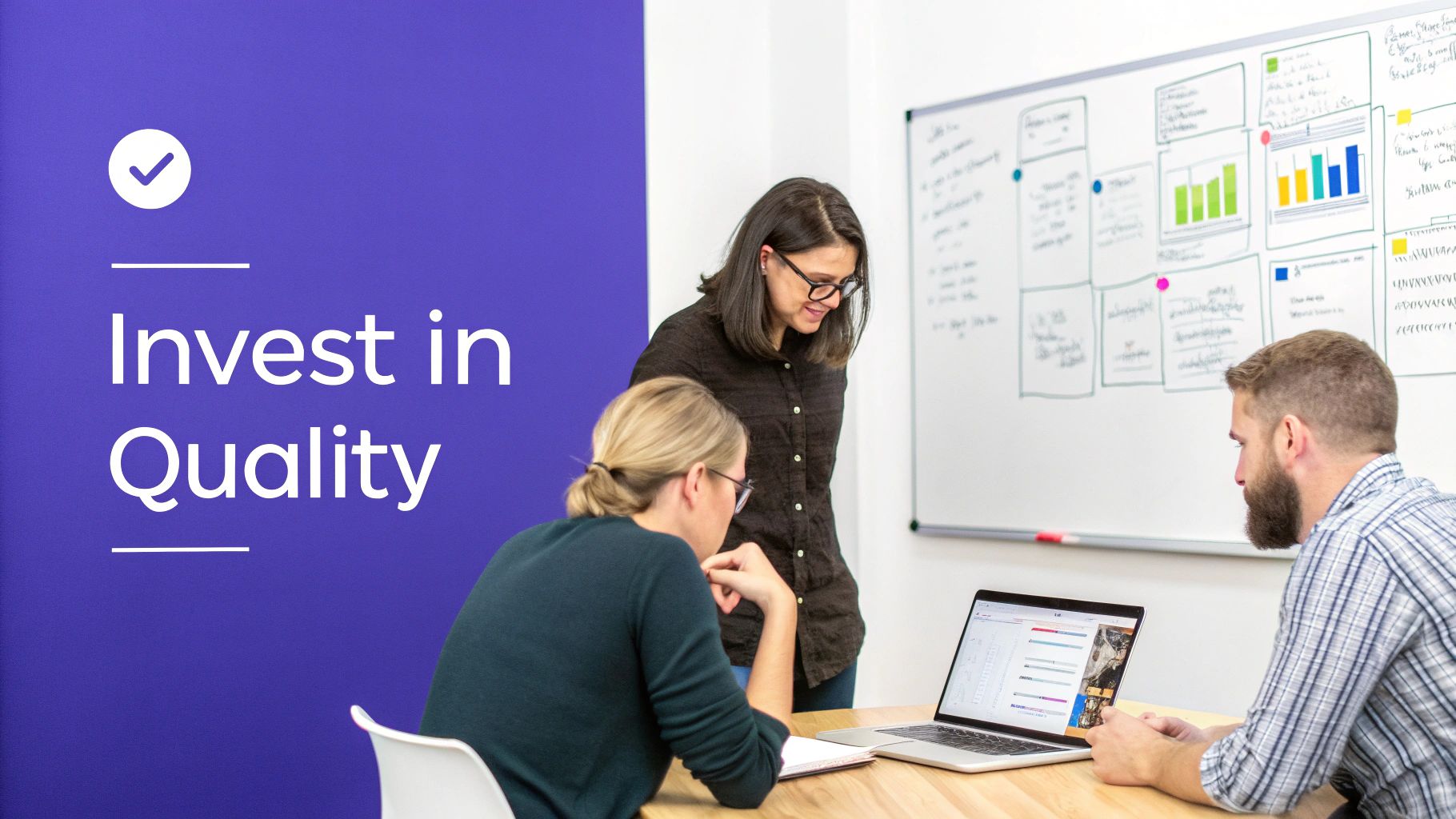 A team of software testers collaborating on a project in a modern office.