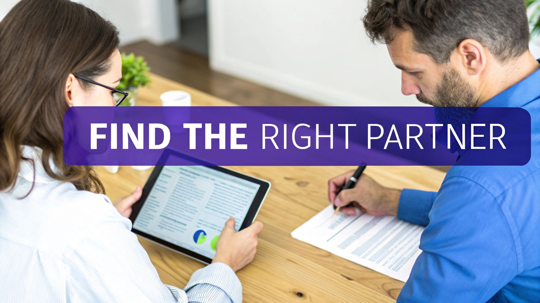 Two business partners collaborating, one using a tablet with data, the other writing, with 'FIND THE RIGHT PARTNER' text overlay.