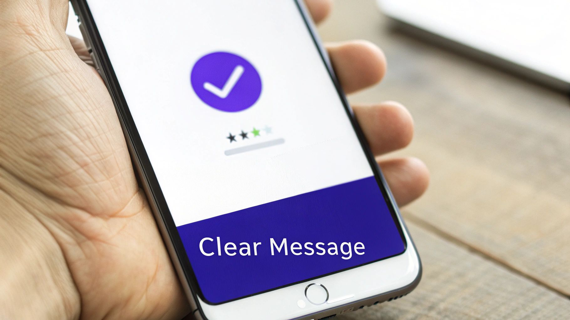 A hand holds a smartphone displaying a purple checkmark, three stars, and a 'Clear Message' banner.