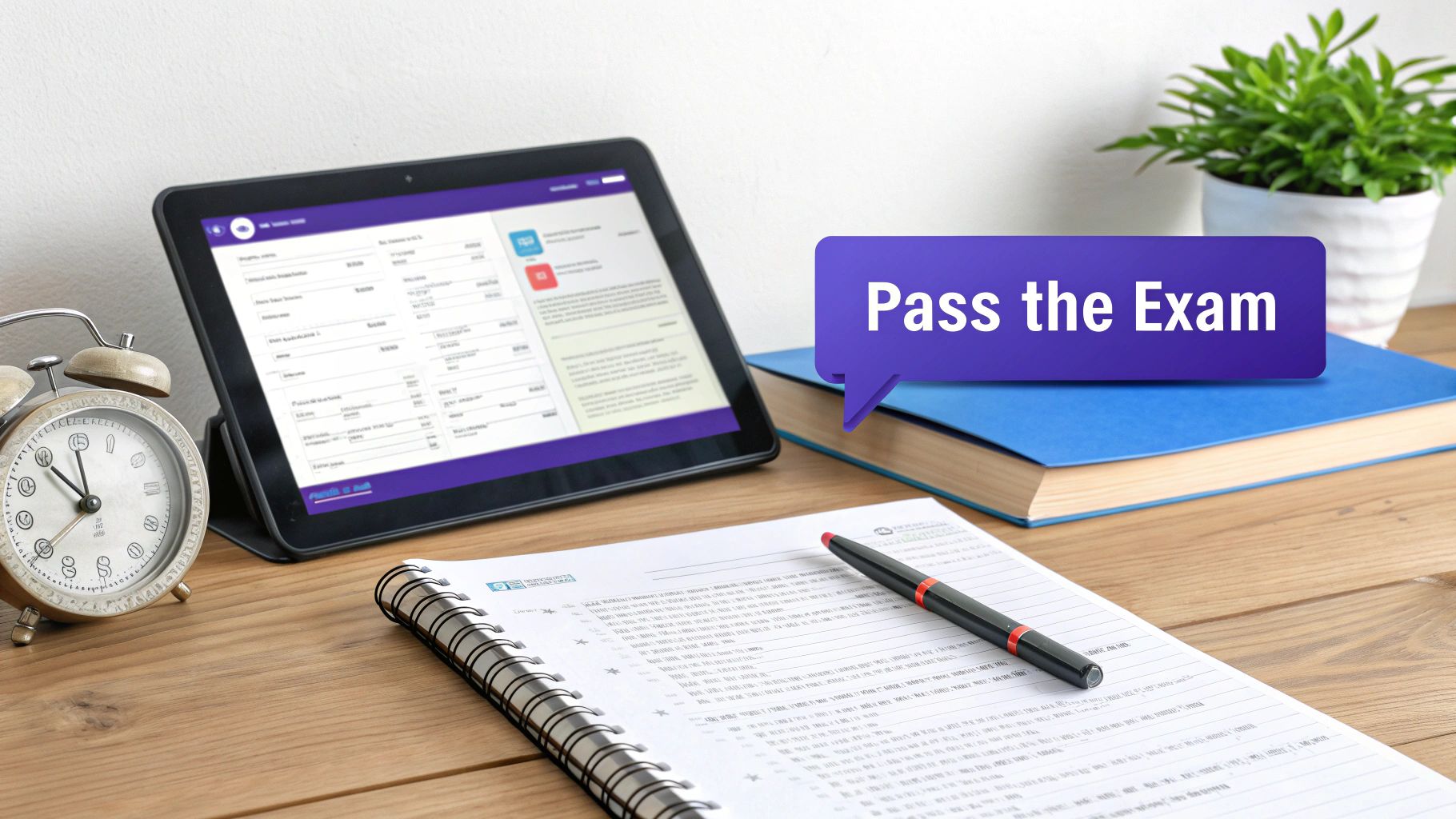 A person confidently reviewing notes at a desk, preparing for an exam