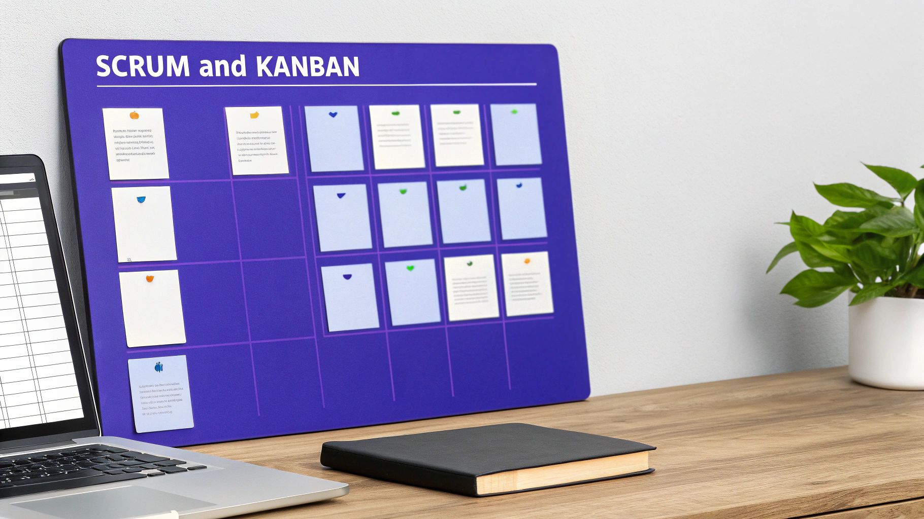 A blue Scrum and Kanban board on a wooden desk with a laptop, notebook, and plant.