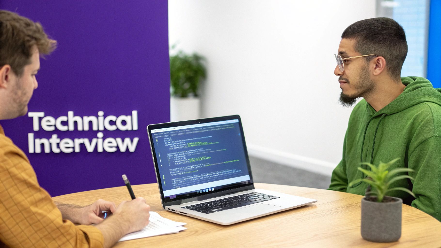 Two men during a technical interview, one writing notes, the other reviewing code on a laptop.