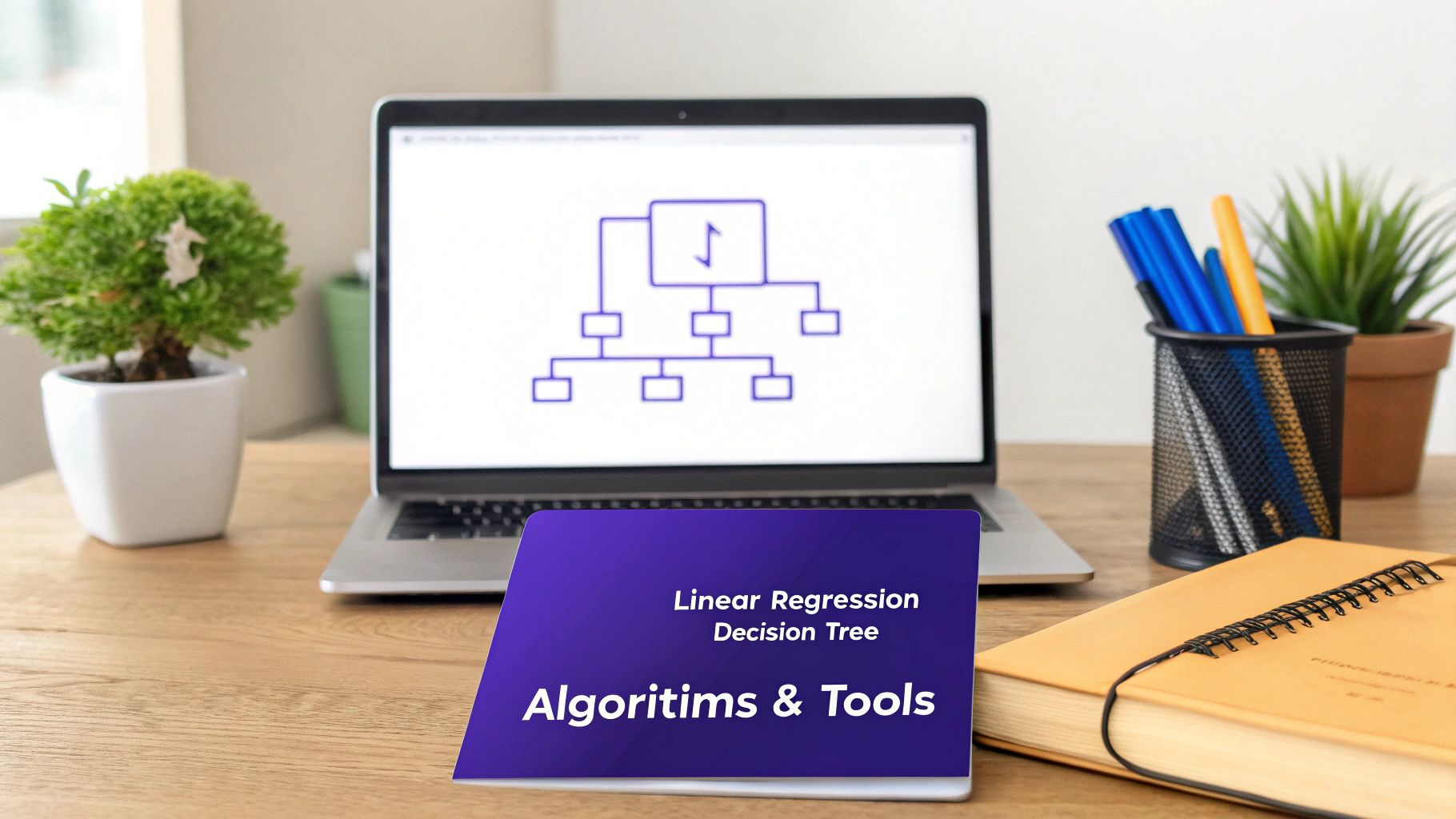 A desk with a laptop showing a flowchart, a card for 'Linear Regression Decision Tree Algorithms & Tools,' and office supplies.