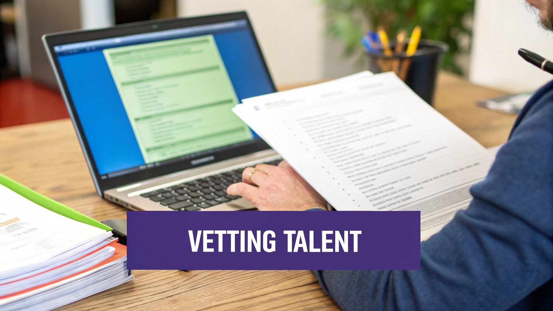 A professional is vetting talent, reviewing documents and using a laptop on a wooden desk.