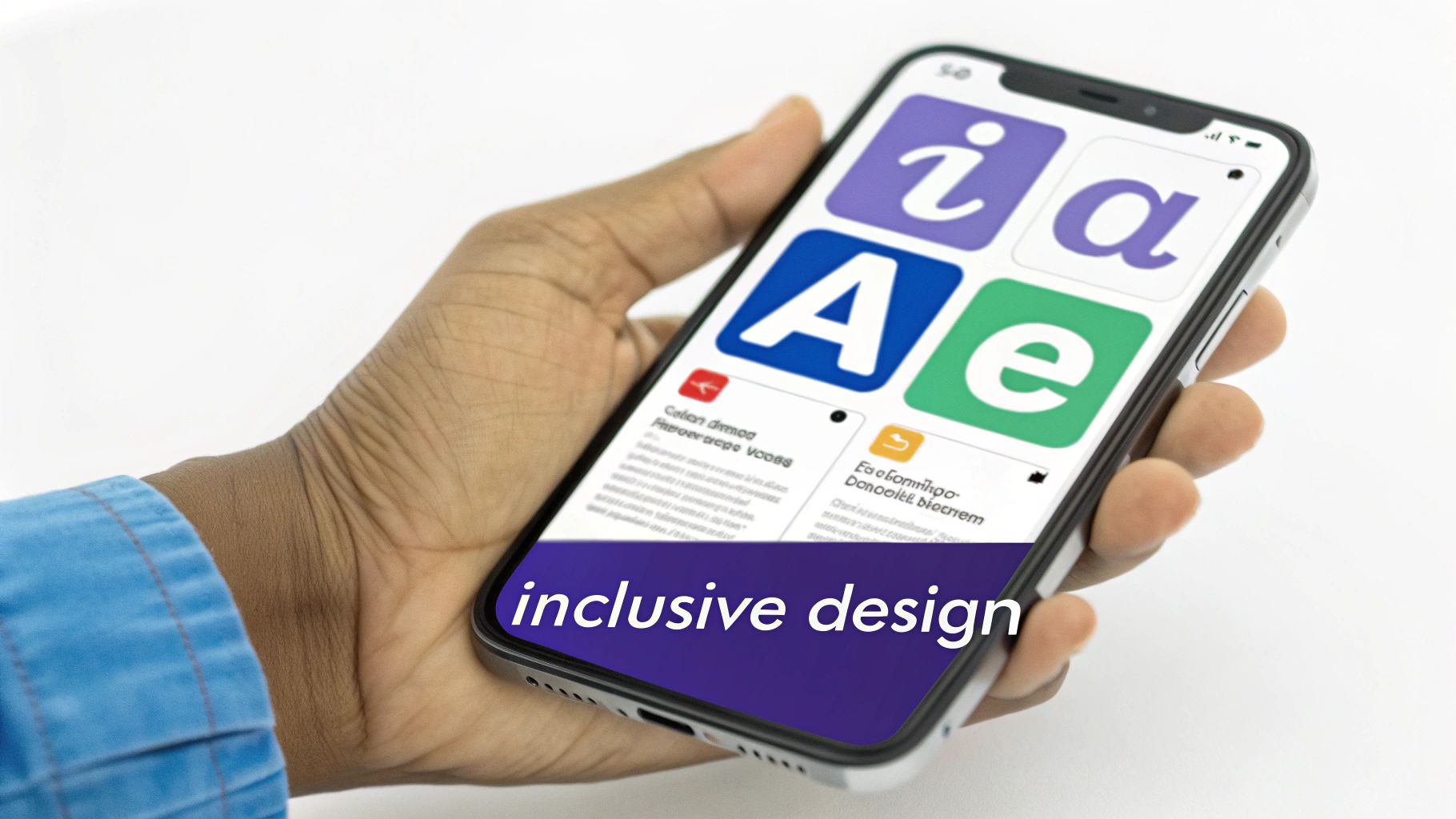 A hand holds a smartphone displaying an app with letter icons and 'inclusive design' text.